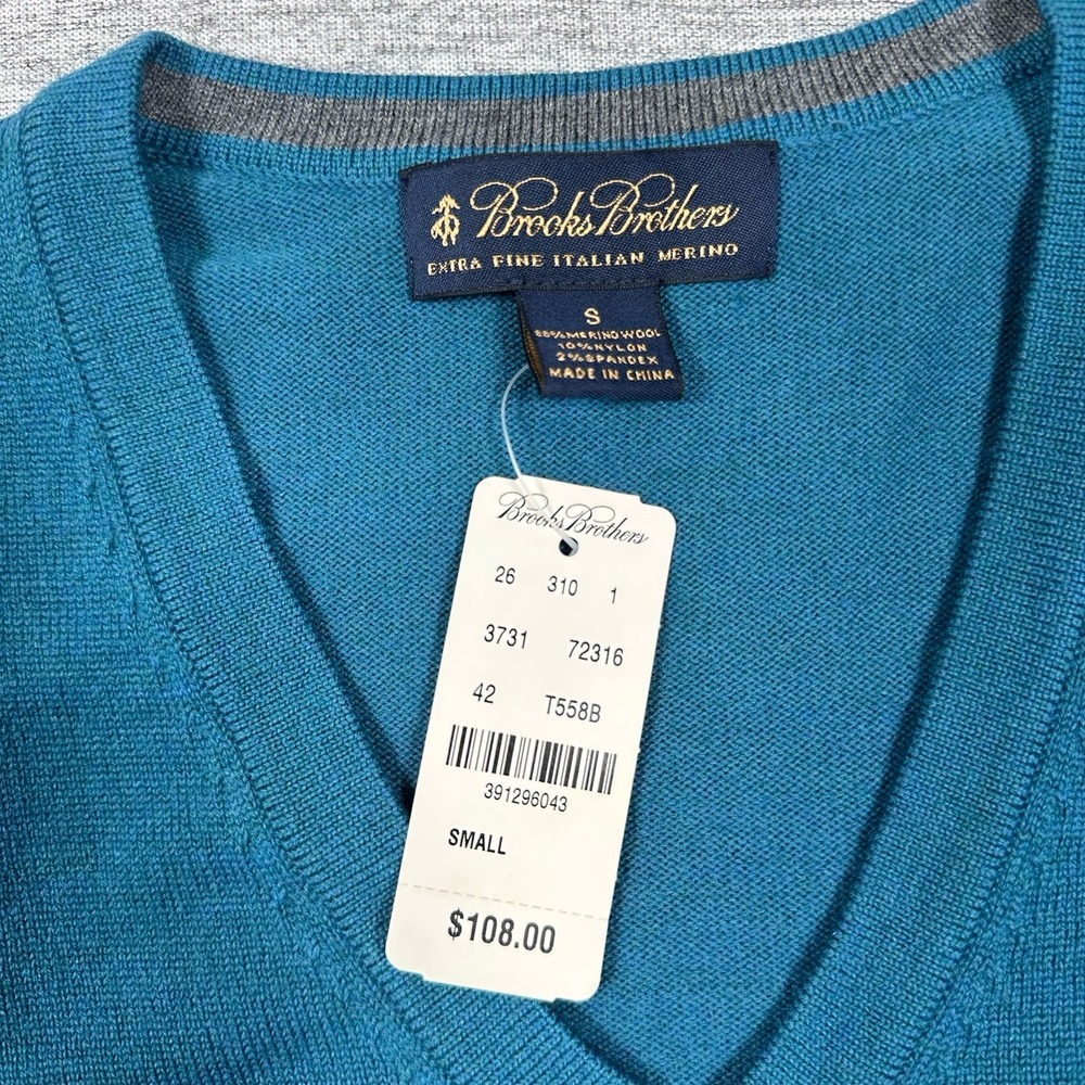 Brooks Brothers Sweater Mens Size Small Blue Merino Wool Blend V-Neck Preppy - Picture 9 of 10